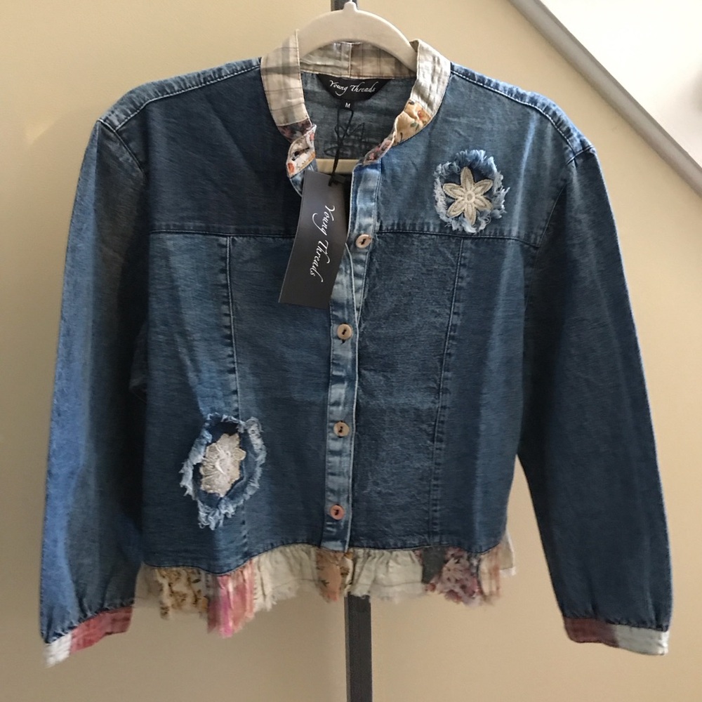 YOUNG THREADS NWT Jacket Denim Plaid Trim Lightweight Size XLarge